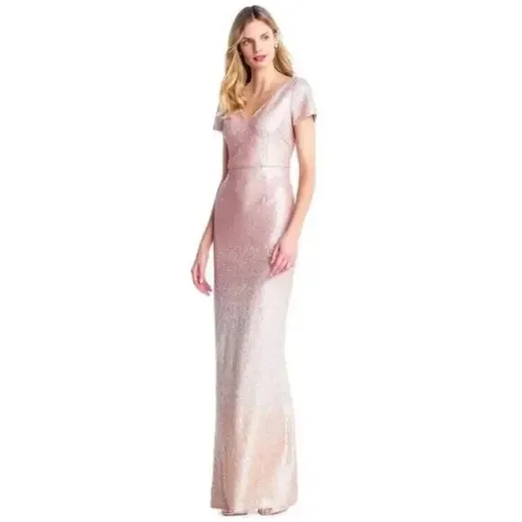 Adrianna Papell Ombre Sequin Gown Dress Blush Pink Short Sleeve V-Neck Size 2 - Picture 2 of 12